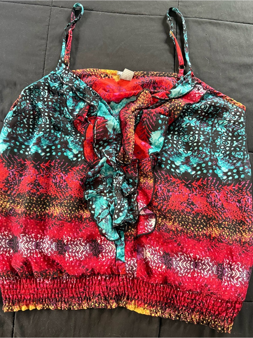 ❤️Charlotte Russe Red and Teal Ruffle Front Sheer Top